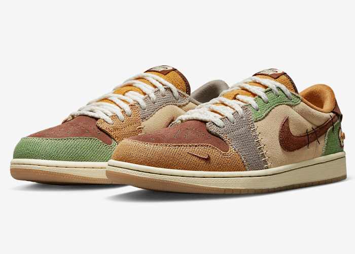 Brown and green Air Jordan shoes.